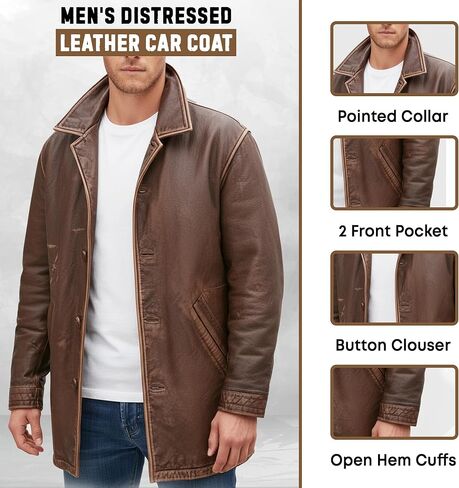 SpazeUp Men's Distressed Brown Leather Coat – 3/4 Length Vintage Style Real Leather Jacket Coat for Men in Saudi Arabia