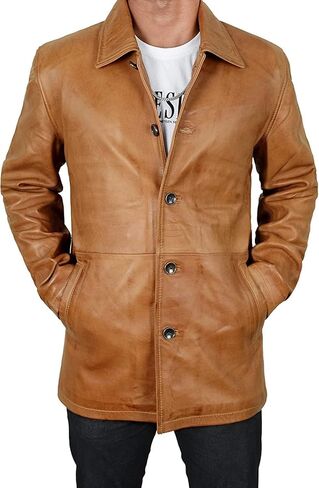 SpazeUp Men's Distressed Brown Leather Coat – 3/4 Length Vintage Style Real Leather Jacket Coat for Men in Saudi Arabia