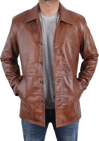 SpazeUp Men's Distressed Brown Leather Coat – 3/4 Length Vintage Style Real Leather Jacket Coat for Men in Saudi Arabia
