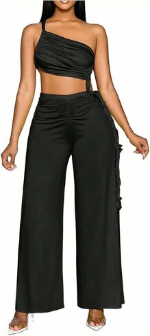OYOANGLE Women's One Shoulder Sleeveless Jumpsuits Cut Out Ruched Backless Long Pants Romper Going Out Outfits in Saudi Arabia