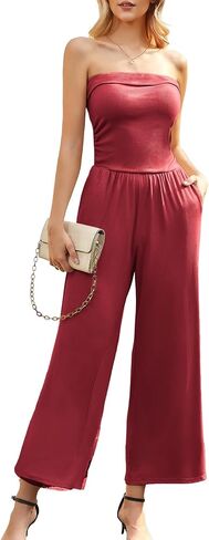Womens Jumpsuits Tube Strapless High Waist One Piece Outfits Classic Wide-Leg Pants Romper with Pockets in Kuwait