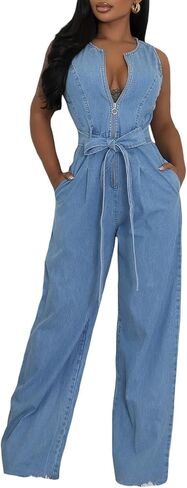 Tbahhir Womens Sleeveless Denim Jumpsuit Bow Tie High Waisted Jumpsuits Wide Leg Romper with Pockets Casual 2026 in Saudi Arabia