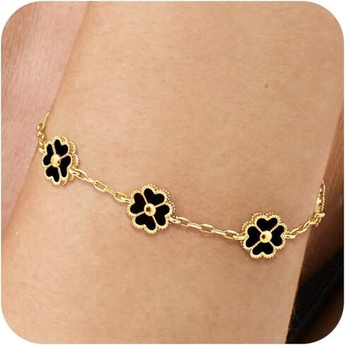 NECOCY Clover Bracelet for Women, Trendy 18K Gold Plated Four Leaf Lucky Flower Bracelets Set Adjustable Dainty Simple White/Black/Pink/Blue Floral Jewelry Gifts for Women Valentine Birthay Daily in Kuwait