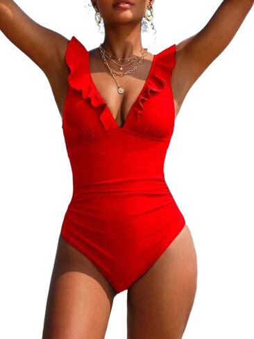 Womens Cute Ruched Ruffle Trim One Piece Monokini Swimsuit - Summer Beach Bathing Suit for Vacation in Saudi Arabia