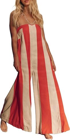 Striped Wide Leg Jumpsuits For Women Summer Casual Strapless Romper Comfy Loose Sleeveless Beach Outfits with Pockets in Saudi Arabia