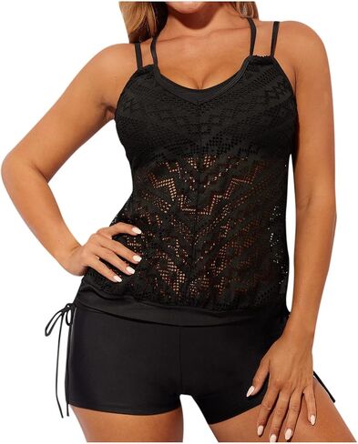 Sexy Tankini Swimsuit for Women Double Straps Lace Mesh Swimwear Tummy Control Two Piece Bathing Suits Tanks Boyshorts in Saudi Arabia