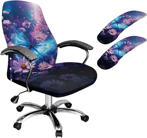 Cactus Flower Leaf Print Computer Office Chair Cover with Arm Covers, 3 PCS Polyester Boss Chair Protector Protective Desk Task Chair Covers Stretch Rotating Chair Slipcover-L in Saudi Arabia