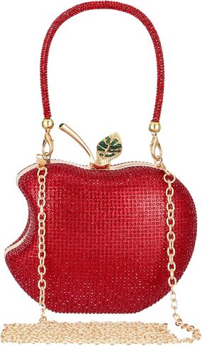 Red Rhinestone Apple-Shaped Evening Clutch Purse for Women, Crossbody Bag with Detachable Chain, Elegant Party Handbag for Prom Wedding Dinner Accessories (GreenLeaf) in Saudi Arabia