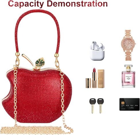 Red Rhinestone Apple-Shaped Evening Clutch Purse for Women, Crossbody Bag with Detachable Chain, Elegant Party Handbag for Prom Wedding Dinner Accessories (GreenLeaf) in Saudi Arabia