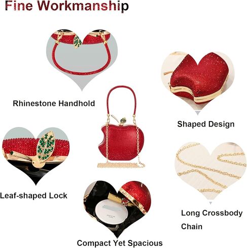 Red Rhinestone Apple-Shaped Evening Clutch Purse for Women, Crossbody Bag with Detachable Chain, Elegant Party Handbag for Prom Wedding Dinner Accessories (GreenLeaf) in Saudi Arabia