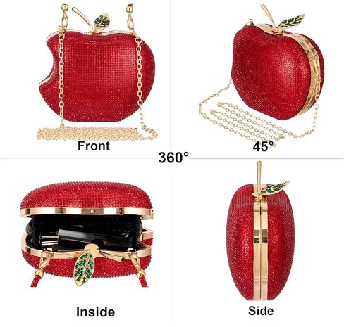 Red Rhinestone Apple-Shaped Evening Clutch Purse for Women, Crossbody Bag with Detachable Chain, Elegant Party Handbag for Prom Wedding Dinner Accessories (GreenLeaf) in Saudi Arabia