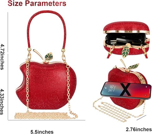 Red Rhinestone Apple-Shaped Evening Clutch Purse for Women, Crossbody Bag with Detachable Chain, Elegant Party Handbag for Prom Wedding Dinner Accessories (GreenLeaf) in Saudi Arabia