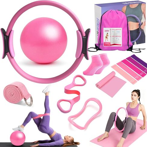 Pilates Ring Equipment Set, Home Pilates Kit for Women with 13’’ Magic Ring with Dual Padded Handles, Small Pilates Ball, 5 Resistance Bands & Complete Fitness Guide, Pilates Essential Accessories in Saudi Arabia