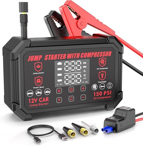 جهاز تشغيل القفز مع ضاغط هواء، بطارية السيارة المحمولة بقدرة 4000 أمبير مع منفاخ إطارات للإغلاق التلقائي بقوة 150 رطل لكل بوصة مربعة، صندوق القفز للسيارة 12 فولت مع ضوء LED وشاشة LED، جميع الغازات / 10 لتر ديزل أسود in Kuwait