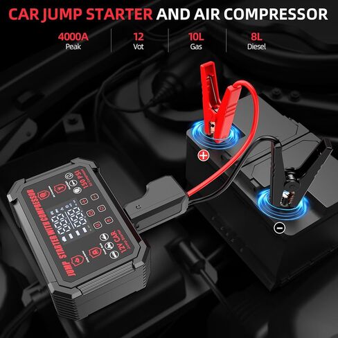 جهاز تشغيل القفز مع ضاغط هواء، بطارية السيارة المحمولة بقدرة 4000 أمبير مع منفاخ إطارات للإغلاق التلقائي بقوة 150 رطل لكل بوصة مربعة، صندوق القفز للسيارة 12 فولت مع ضوء LED وشاشة LED، جميع الغازات / 10 لتر ديزل أسود in Kuwait