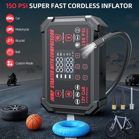 جهاز تشغيل القفز مع ضاغط هواء، بطارية السيارة المحمولة بقدرة 4000 أمبير مع منفاخ إطارات للإغلاق التلقائي بقوة 150 رطل لكل بوصة مربعة، صندوق القفز للسيارة 12 فولت مع ضوء LED وشاشة LED، جميع الغازات / 10 لتر ديزل أسود in Kuwait