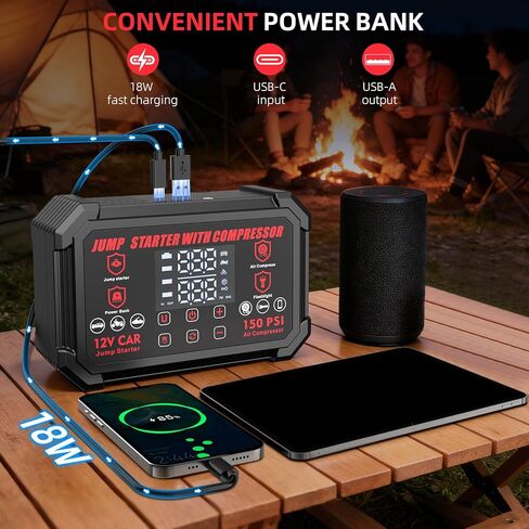 جهاز تشغيل القفز مع ضاغط هواء، بطارية السيارة المحمولة بقدرة 4000 أمبير مع منفاخ إطارات للإغلاق التلقائي بقوة 150 رطل لكل بوصة مربعة، صندوق القفز للسيارة 12 فولت مع ضوء LED وشاشة LED، جميع الغازات / 10 لتر ديزل أسود in Kuwait