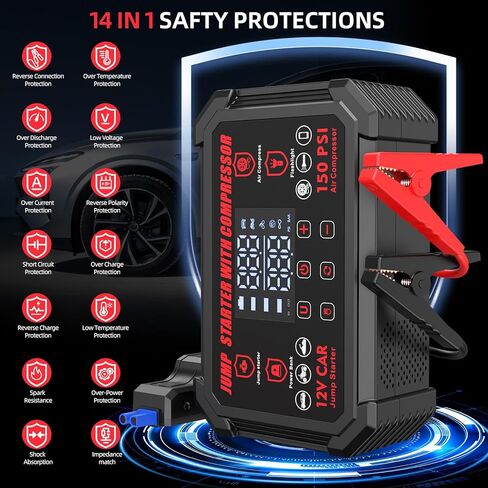 جهاز تشغيل القفز مع ضاغط هواء، بطارية السيارة المحمولة بقدرة 4000 أمبير مع منفاخ إطارات للإغلاق التلقائي بقوة 150 رطل لكل بوصة مربعة، صندوق القفز للسيارة 12 فولت مع ضوء LED وشاشة LED، جميع الغازات / 10 لتر ديزل أسود in Kuwait