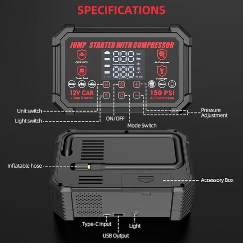 جهاز تشغيل القفز مع ضاغط هواء، بطارية السيارة المحمولة بقدرة 4000 أمبير مع منفاخ إطارات للإغلاق التلقائي بقوة 150 رطل لكل بوصة مربعة، صندوق القفز للسيارة 12 فولت مع ضوء LED وشاشة LED، جميع الغازات / 10 لتر ديزل أسود in Kuwait