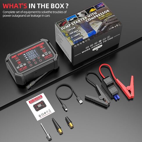 جهاز تشغيل القفز مع ضاغط هواء، بطارية السيارة المحمولة بقدرة 4000 أمبير مع منفاخ إطارات للإغلاق التلقائي بقوة 150 رطل لكل بوصة مربعة، صندوق القفز للسيارة 12 فولت مع ضوء LED وشاشة LED، جميع الغازات / 10 لتر ديزل أسود in Kuwait