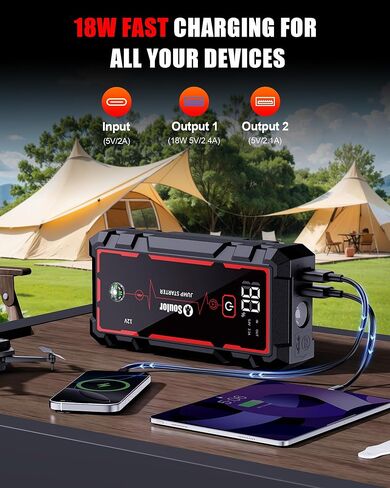 5000A Jump Starter Car Jumper Starter حزمة معززة للبطارية المحمولة مع شاشة LED وإضاءة LED وكابلات توصيل (حتى 10.0 لتر بنزين ومحرك ديزل 10.0 لتر) in Kuwait