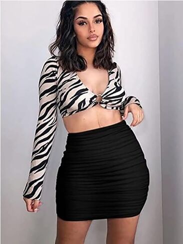 المرأة تمتد عالية الخصر Ruched Bodycon طبقة مزدوجة عارضة تنورة صغيرة in Saudi Arabia