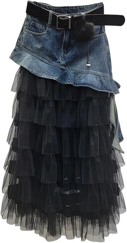 Long Denim Skirt for Women Tiered Mesh Tulle Patchwork Ruffle A Line Jean Skirts in Saudi Arabia