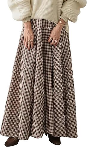ebossy Women's High Waist Plaid Skirt Pleated Color Block Flowy A Line Gingham Maxi Skirt with Pockets in Saudi Arabia