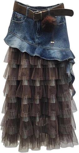 تنورة طويلة من الدنيم للنساء تنانير جينز ذات طبقات شبكية من التول المرقعة وكشكشة على شكل حرف A in Kuwait