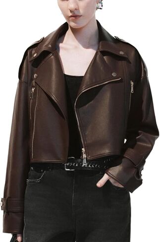 URBAN REVIVO Brown Oversized Lapel Leather Jacket, Drop Shoulder with Belt Detail & Bronze Buttons, Mid-Length Moto Coat for Women, Fall Winter Fashion Brown Small in Saudi Arabia