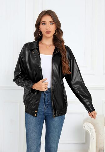 Women's Leather Jacket Faux Zip up Oversized 2025 Fall Motorcycle Outerwear With Pockets in Saudi Arabia