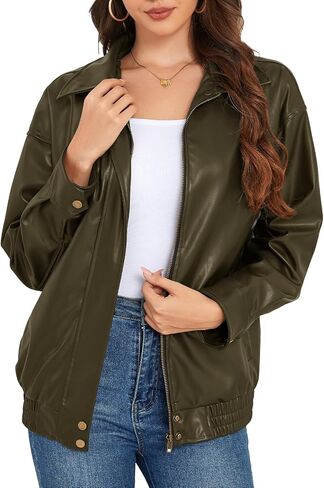 Women's Leather Jacket Faux Zip up Oversized 2025 Fall Motorcycle Outerwear With Pockets in Saudi Arabia