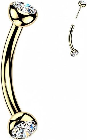 Titanium Threadless Push In Eyebrow Barbell With Bezel Set CZ Ends & One Fixed Ball in Saudi Arabia