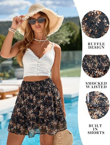 Halife Womens Summer Floral Mini Skirts Skorts High Waisted Ruffle Flowy Boho Casual Short Skirt with Shorts Underneath in Saudi Arabia