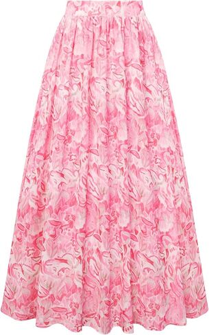 Belle Poque Women's Elastic Waist Maxi Skirts High Waisted Pleated A-Line Swing Skirts Summer Floral Long Skirts with Pockets in Saudi Arabia