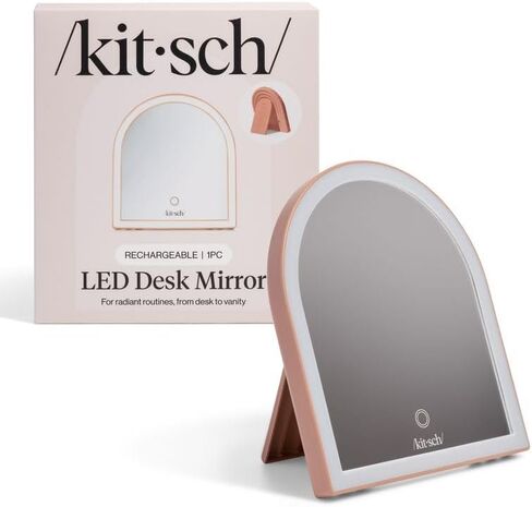مرآة الغرور للمكتب من Kitsch مع أضواء، سطح مكياج LED، مستشعر يعمل باللمس، توهج بارد محايد دافئ، مرآة مكتب قابلة لإعادة الشحن مع مسند للسفر - تيراكوتا in Kuwait