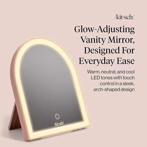 مرآة الغرور للمكتب من Kitsch مع أضواء، سطح مكياج LED، مستشعر يعمل باللمس، توهج بارد محايد دافئ، مرآة مكتب قابلة لإعادة الشحن مع مسند للسفر - تيراكوتا in Kuwait