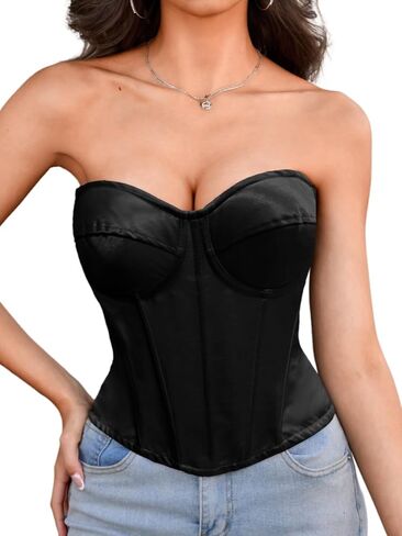 Womens Sexy Corset with 2 Straps (Wide & Thin), Boned Underwire Zipper, Overbust Bustier Rave Tube Top Size 00-10 in Saudi Arabia