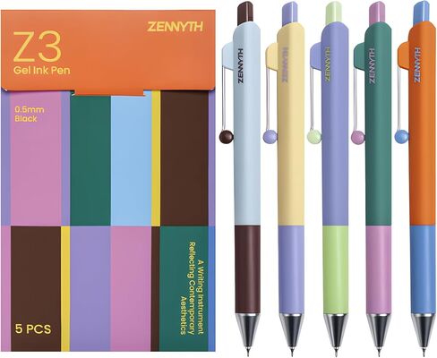 5 عبوات من أقلام الجل، أقلام حبر سوداء رفيعة 0.5 مم قابلة للسحب مع أسطوانة ماسية، أقلام كتابة ناعمة سريعة الجفاف لليوميات وتدوين الملاحظات واللوازم المكتبية والمدرسية (5 عبوات Z3 ألوان متباينة) in Kuwait