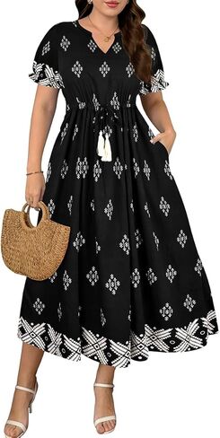 RITERA Plus Size Midi Dress for Women Casual V NeckShort Sleeve Ruffle Flowy Boho Drawstring Tassel Waist XL-5XL in Saudi Arabia