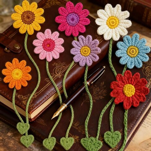 8 عبوات من الإشارات المرجعية على شكل زهرة كروشيه، علامة كتاب عباد الشمس المحبوكة يدويًا للنساء علامات كتاب مخصصة لقراءة الرجال، هدية عيد ميلاد للأطفال لمدرسي الكتب، علامات مرجعية لطيفة وفريدة من نوعها in Saudi Arabia