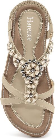 HARENCE Sandals Women Summer Flats: Comfortable Elastic Ankle Strap Dress Flat Shoes Casual Slip on Open Toe Bling Bohemian Sandal in Kuwait