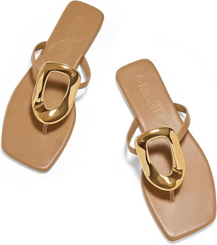 Women's Flat Sandals Summer Square Toe Flip Flops Comfortable Beach Flats Slip on Metal Decoration Slide Shoes in Kuwait