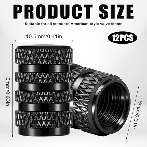 Tire Valve Stem Caps, Black Anodized Aluminum, 12PCS/Pack, Corrosion Resistant Anti-Rust, Universal Tire Valve Covers for Cars, Trucks, SUVs, Motorcycles and Bikes in Kuwait