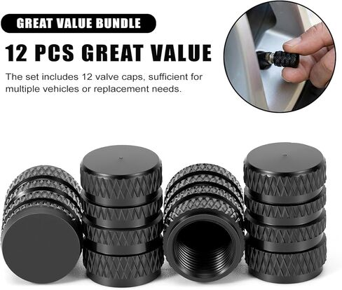 Tire Valve Stem Caps, Black Anodized Aluminum, 12PCS/Pack, Corrosion Resistant Anti-Rust, Universal Tire Valve Covers for Cars, Trucks, SUVs, Motorcycles and Bikes in Kuwait