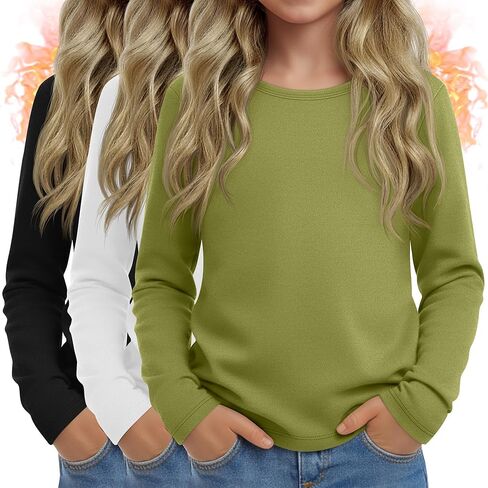 3 Pack Girls Kids Thermal Long Sleeve Shirts Crew Neck Tops Fleece Lined Undershirt Winter Base Layer Basic Tees in Saudi Arabia