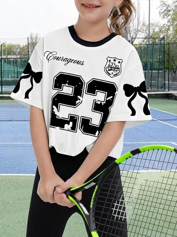 Girls Short-Sleeve T-Shirt White Black Number 23 Print Bow Decor Courageous Casual Top in Saudi Arabia