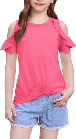 Besserbay Girl's Bold Twist Twist Knot Tunic Tunic Shirt Shirt Shirt Trim Trim Crew Neck Short Sleeve Tee 6-14 Years in Saudi Arabia
