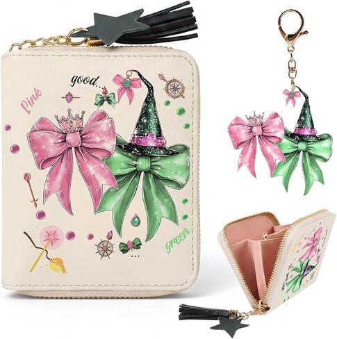 محفظة بسحاب باللونين الوردي والأخضر تحت عنوان الساحرة - حامل بطاقة بتصميم ساحرة سحرية مع شرابة ساحرة، محفظة عملات صغيرة الحجم للحمل اليومي in Kuwait