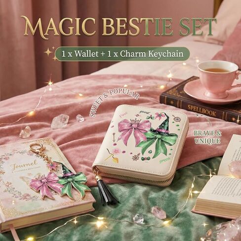 محفظة بسحاب باللونين الوردي والأخضر تحت عنوان الساحرة - حامل بطاقة بتصميم ساحرة سحرية مع شرابة ساحرة، محفظة عملات صغيرة الحجم للحمل اليومي in Kuwait
